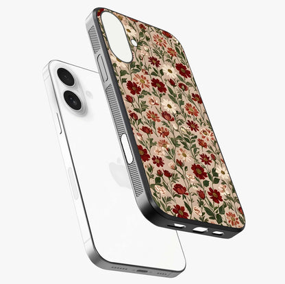 Biege Flower With Leaf Glass Case laid diagonally highlighting side profile, edges and glossy glass shine.