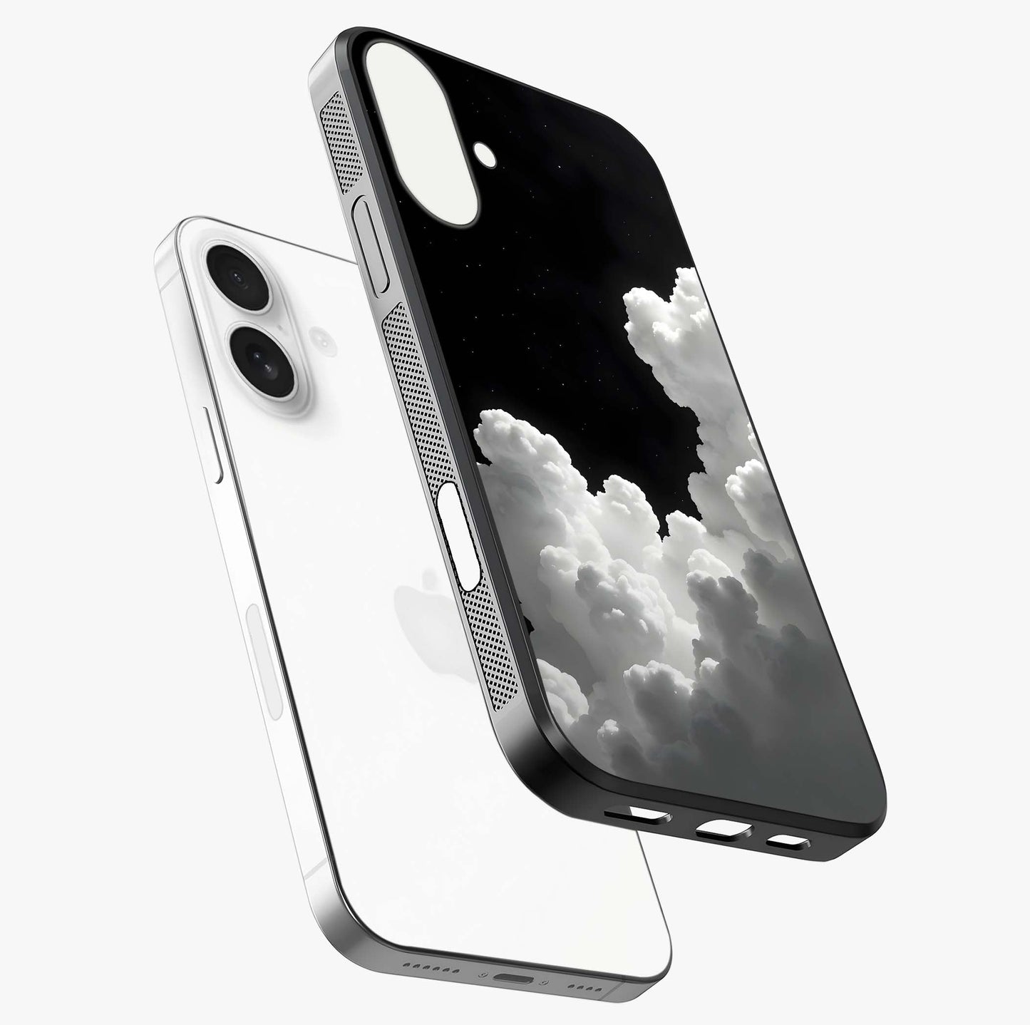 Black Background With White Cloud Glass Case laid diagonally highlighting side profile, edges and glossy glass shine.