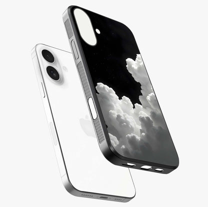 Black Background With White Cloud Glass Case laid diagonally highlighting side profile, edges and glossy glass shine.