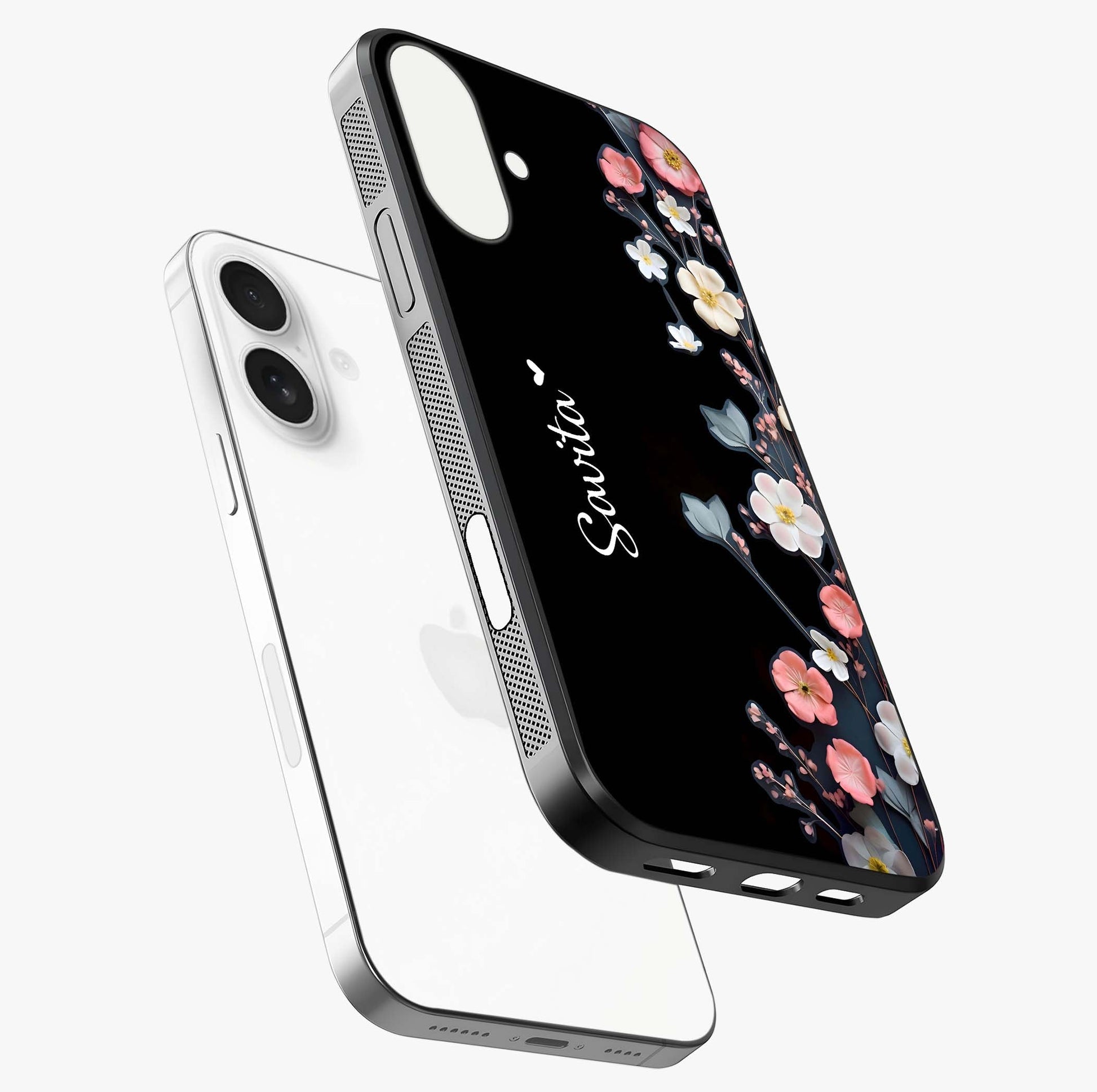 Black Elegance Floral Custom Name Glass Case laid diagonally highlighting side profile, edges and glossy glass shine.