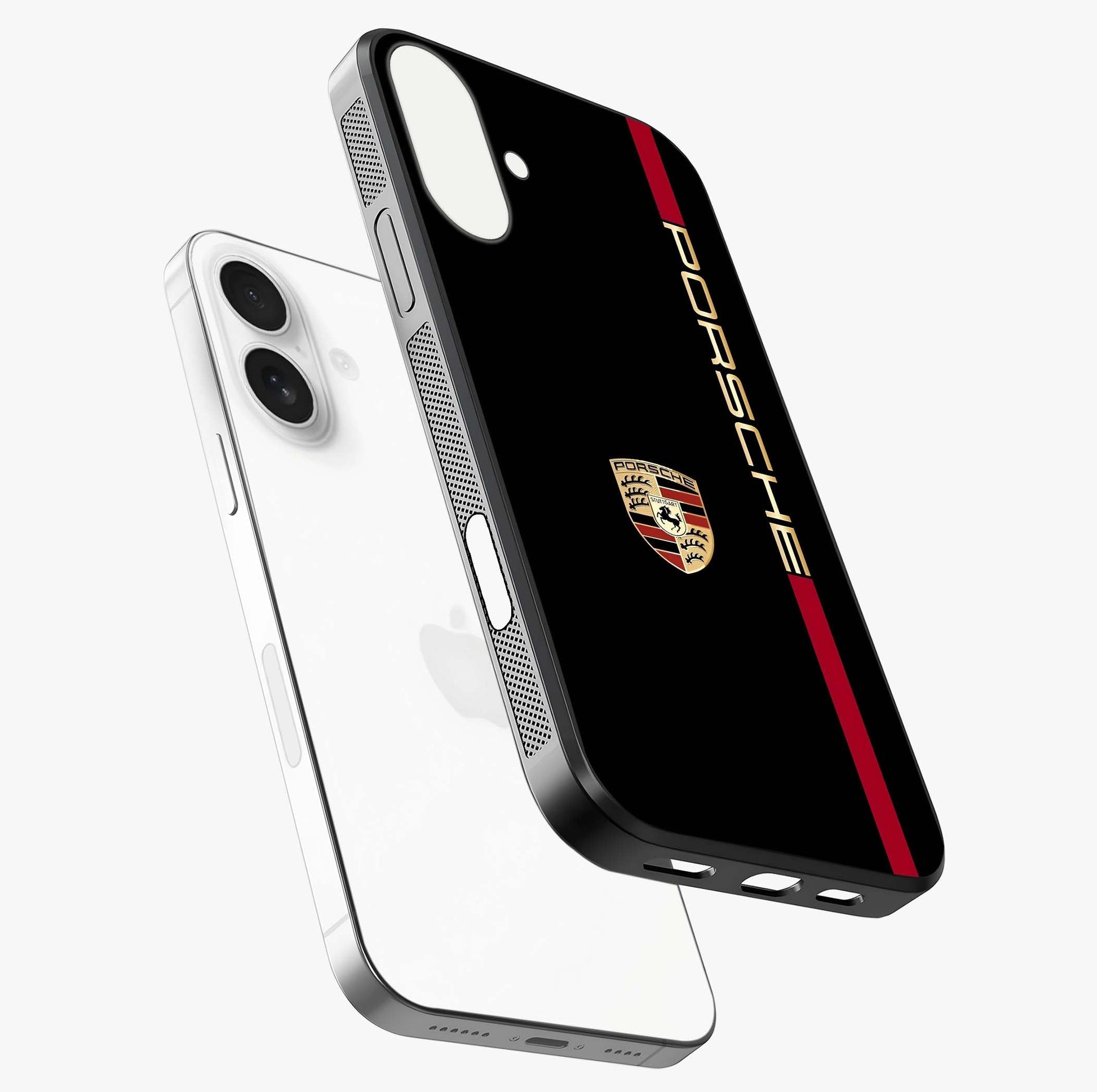 Black Minimal Porsche Glass Case laid diagonally highlighting side profile, edges and glossy glass shine.