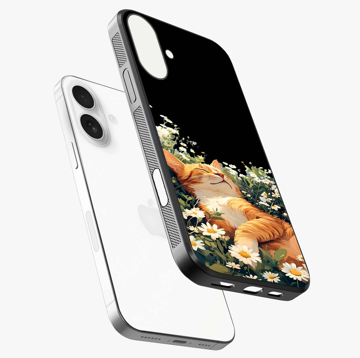Blissful Bloom Cat Glass Case laid diagonally highlighting side profile, edges and glossy glass shine.