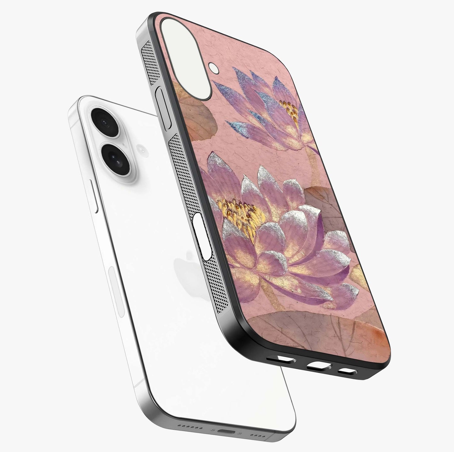 Blossom Mist Lotus Glass Case laid diagonally highlighting side profile, edges and glossy glass shine.