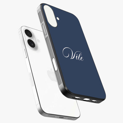 Blue Background Personalized Custom Name Glass Case laid diagonally highlighting side profile, edges and glossy glass shine.