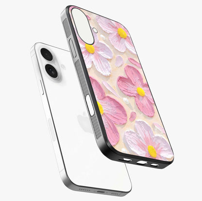 Blush Bloom Texture Glass Case laid diagonally highlighting side profile, edges and glossy glass shine.