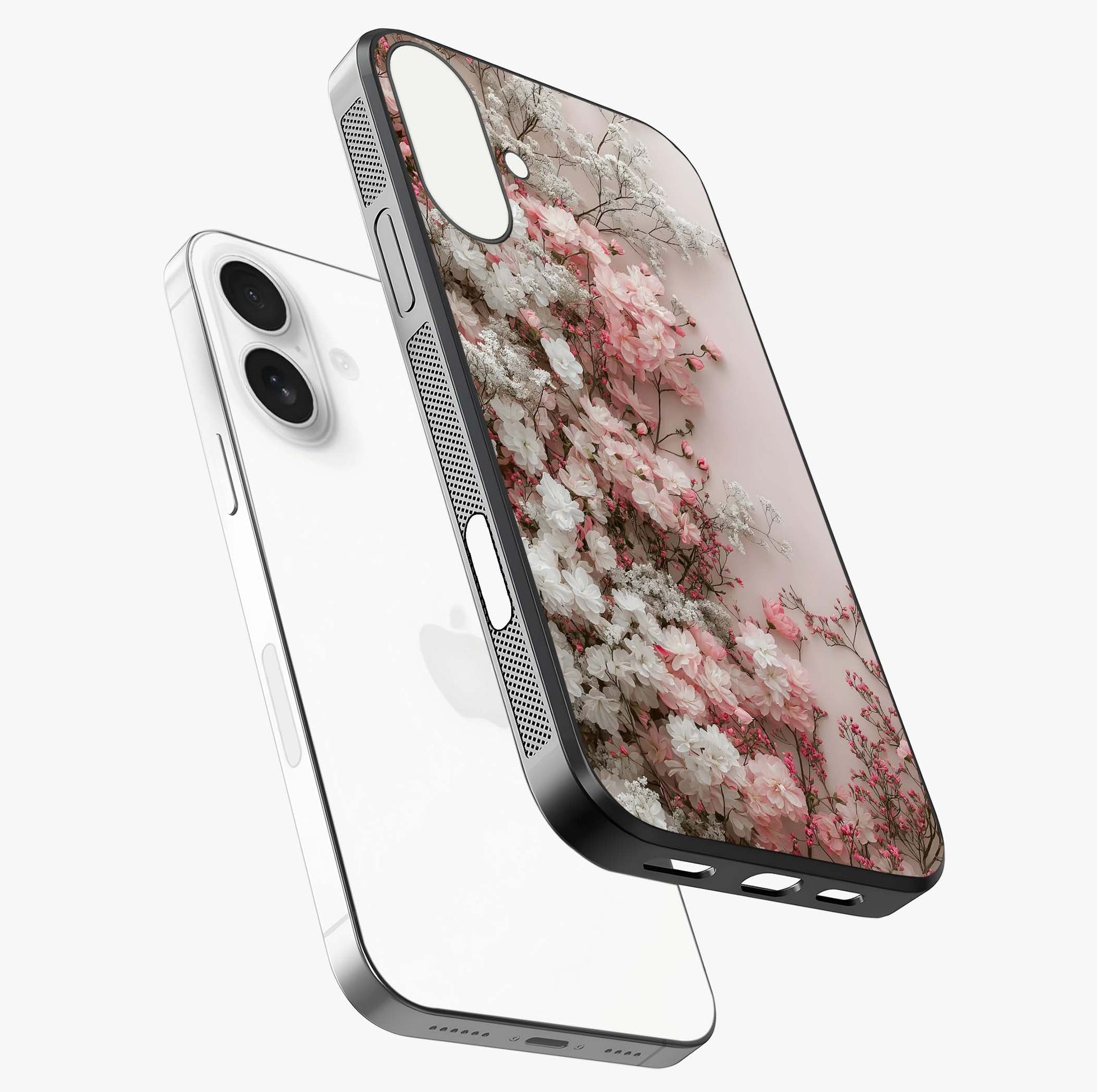 Blush Blossom Cloud Glass Case laid diagonally highlighting side profile, edges and glossy glass shine.