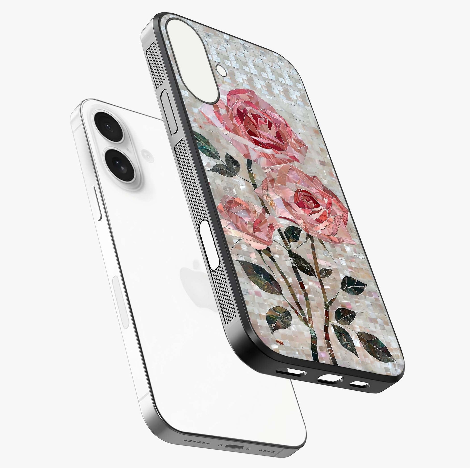 Blush Mosaic Bloom Glass Case laid diagonally highlighting side profile, edges and glossy glass shine.