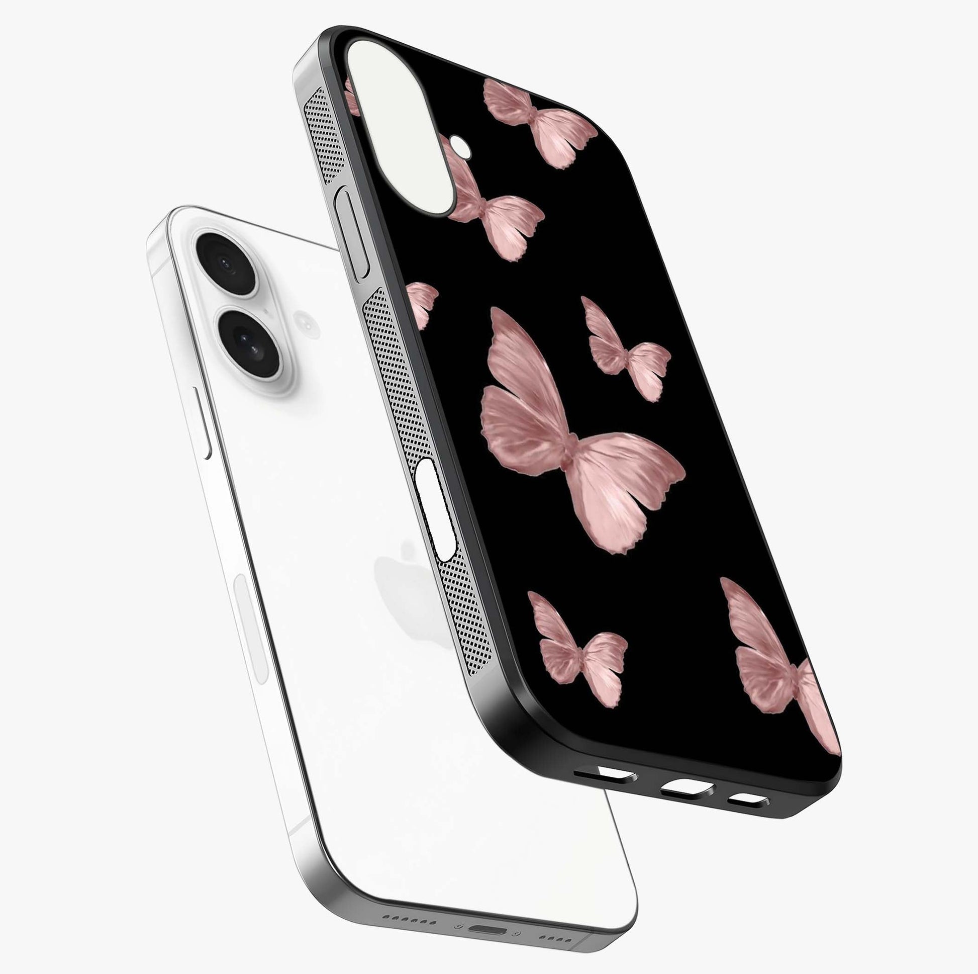 Butterfly Pattern Glass Case laid diagonally highlighting side profile, edges and glossy glass shine.