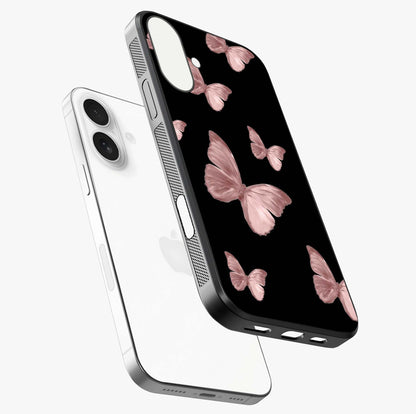 Butterfly Pattern Glass Case laid diagonally highlighting side profile, edges and glossy glass shine.