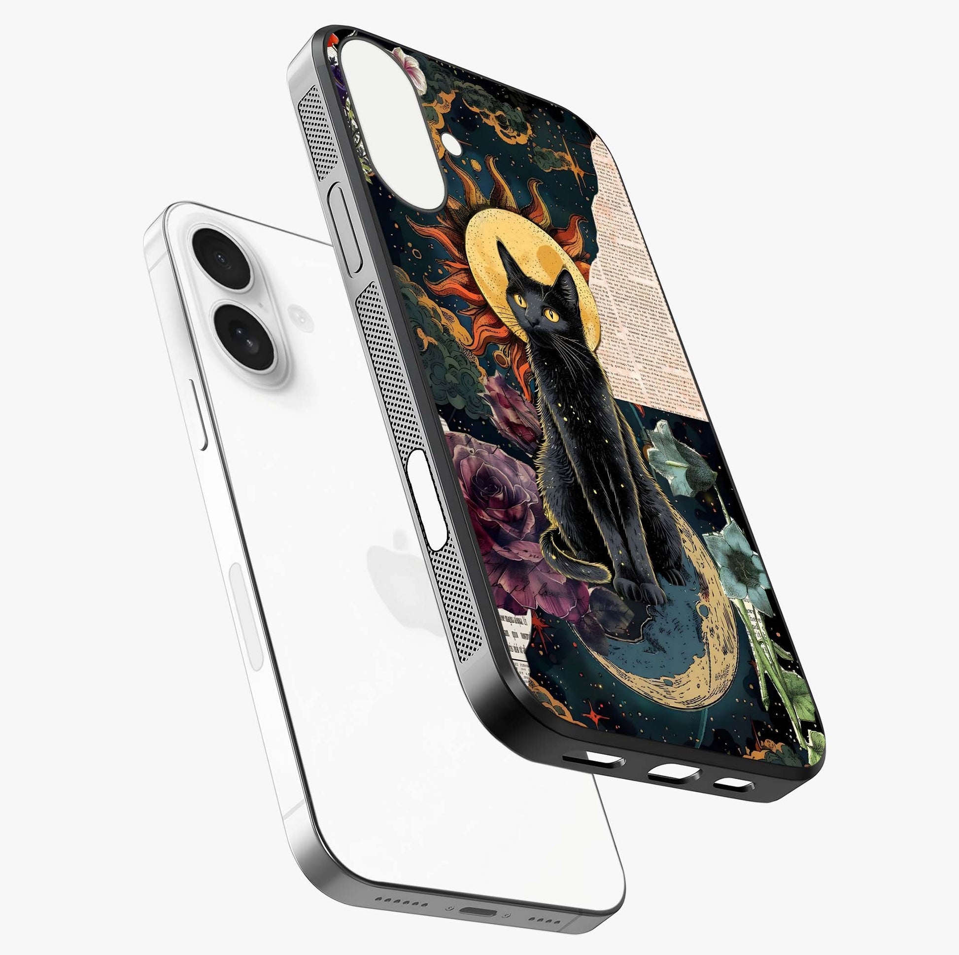Celestial Black Cat Glass Case laid diagonally highlighting side profile, edges and glossy glass shine.