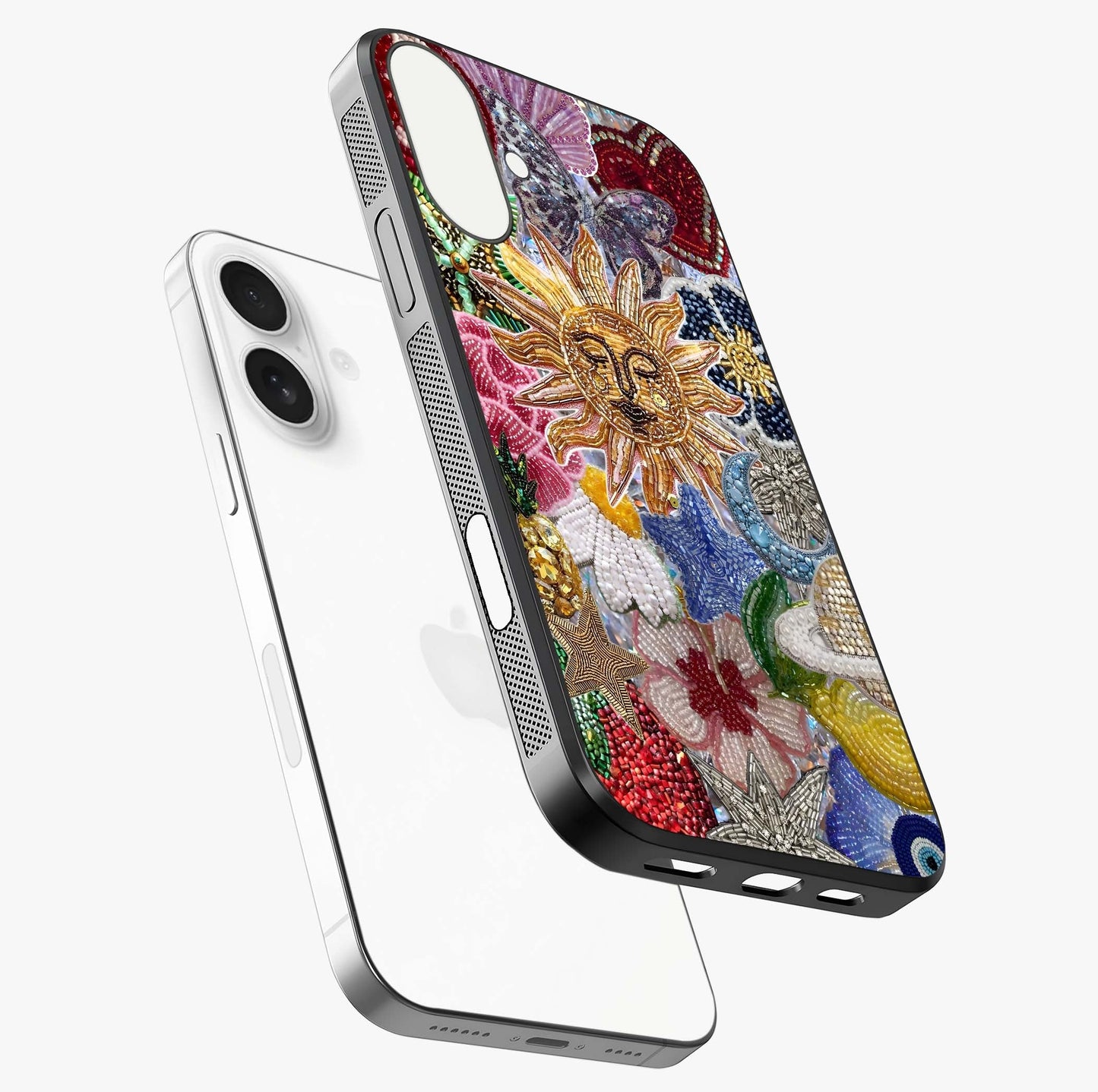 Celestial Floral And Playful Glass Case laid diagonally highlighting side profile, edges and glossy glass shine.