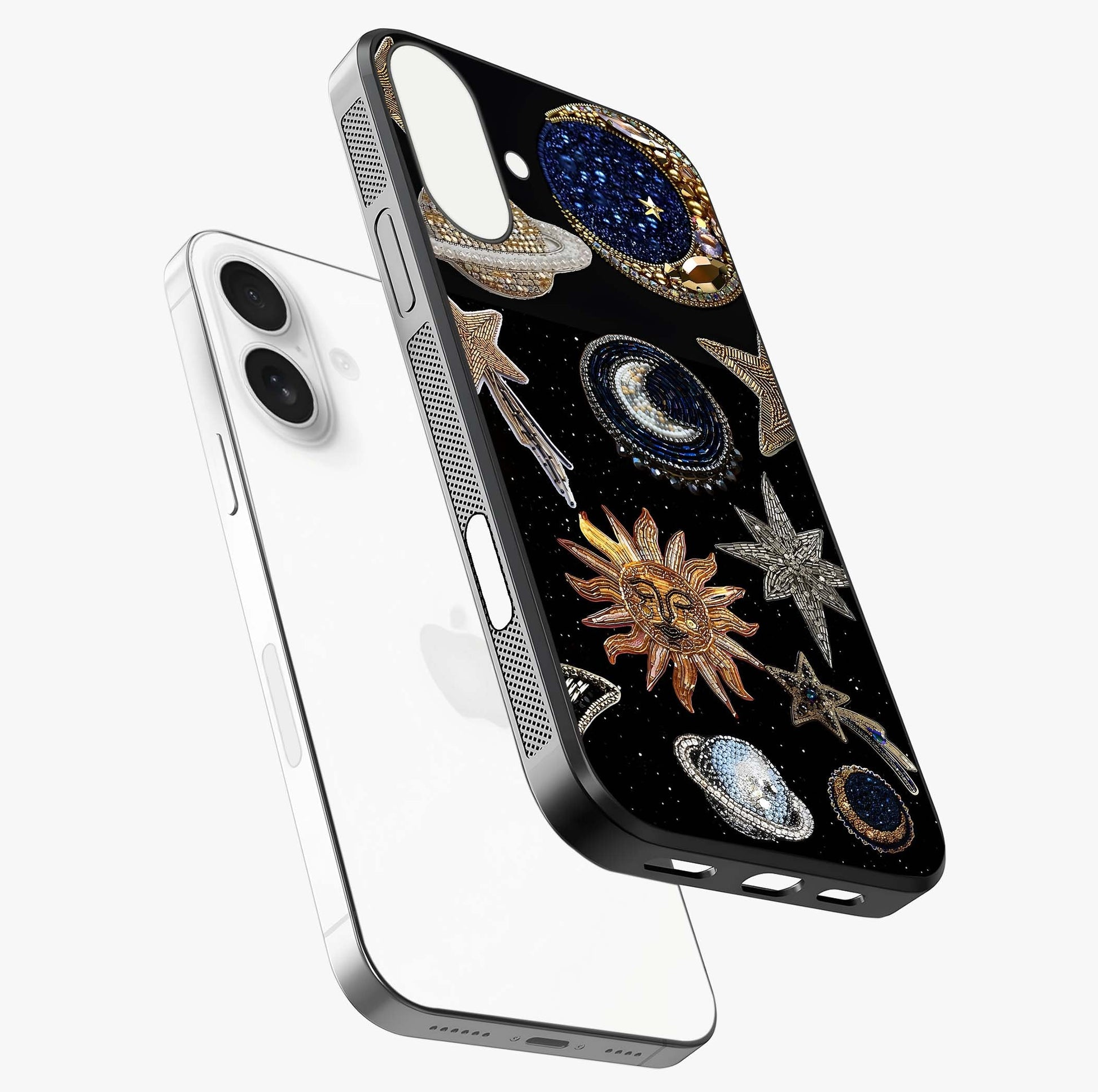 Celestial Gem Constellations Glass Case laid diagonally highlighting side profile, edges and glossy glass shine.