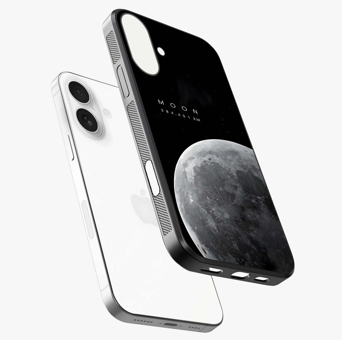 Cosmic Moon Glow Glass Case laid diagonally highlighting side profile, edges and glossy glass shine.
