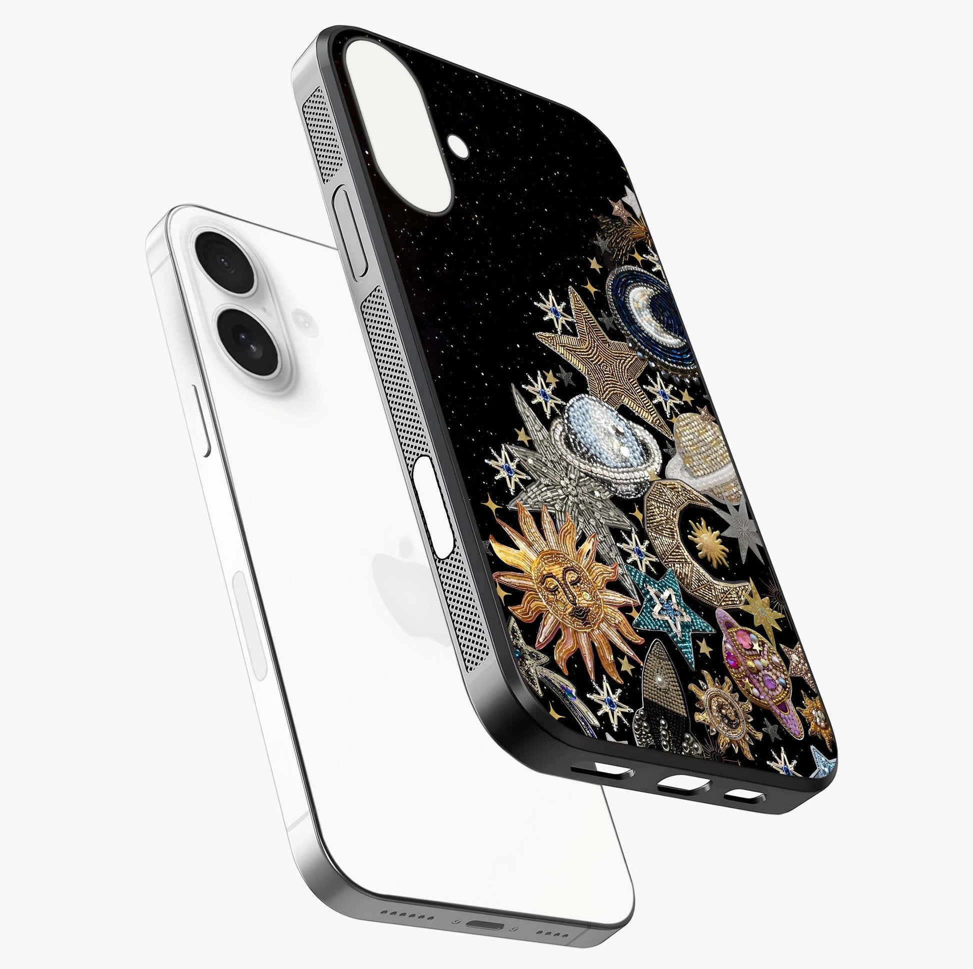 Cosmic Sparkle Dreams Glass Case laid diagonally highlighting side profile, edges and glossy glass shine.