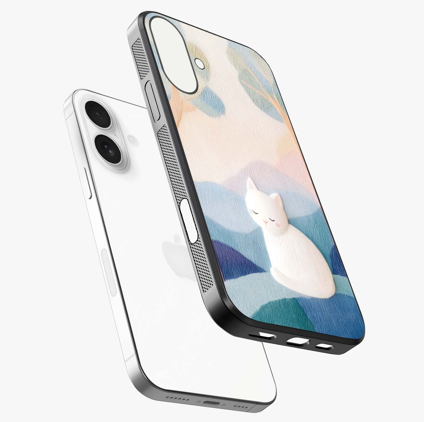 Cotton Dream Cat Glass Case laid diagonally highlighting side profile, edges and glossy glass shine.
