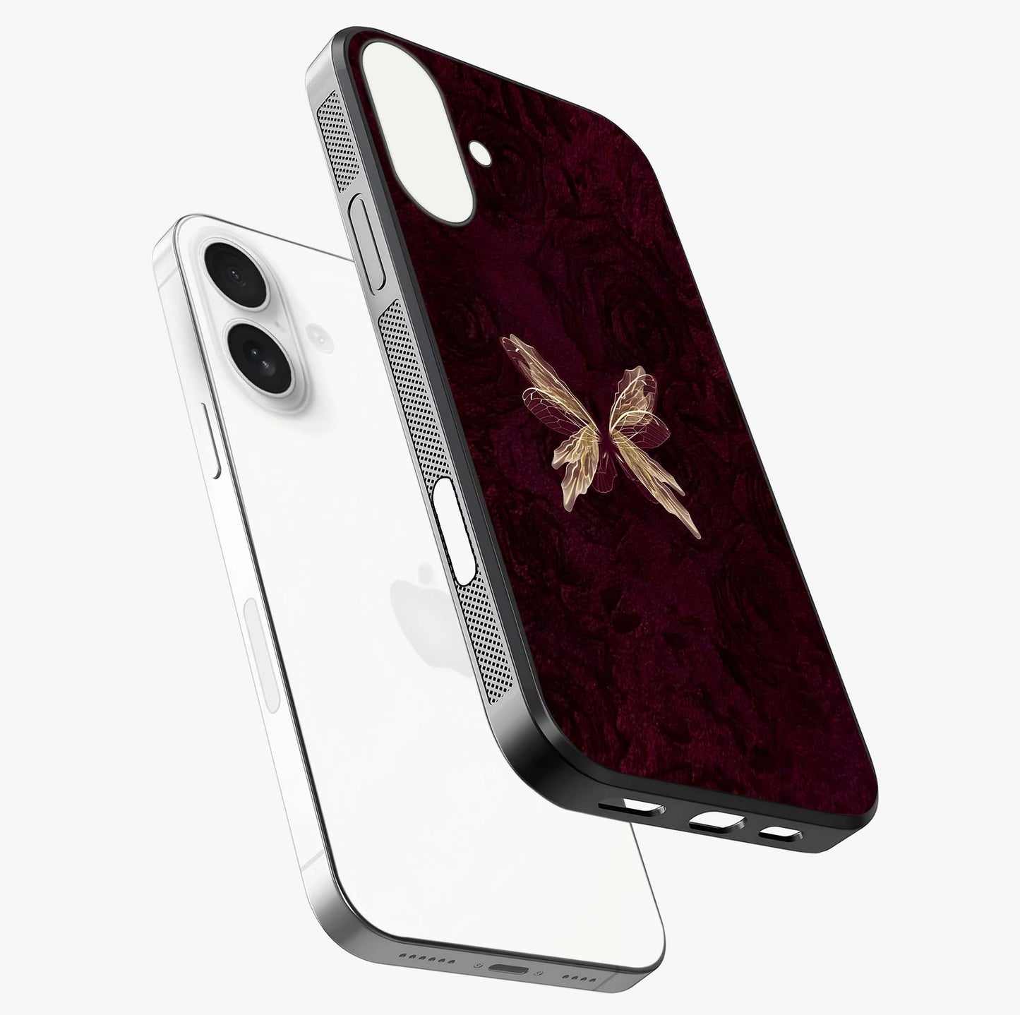 Crimson Fade Butterfly Glass Case laid diagonally highlighting side profile, edges and glossy glass shine.