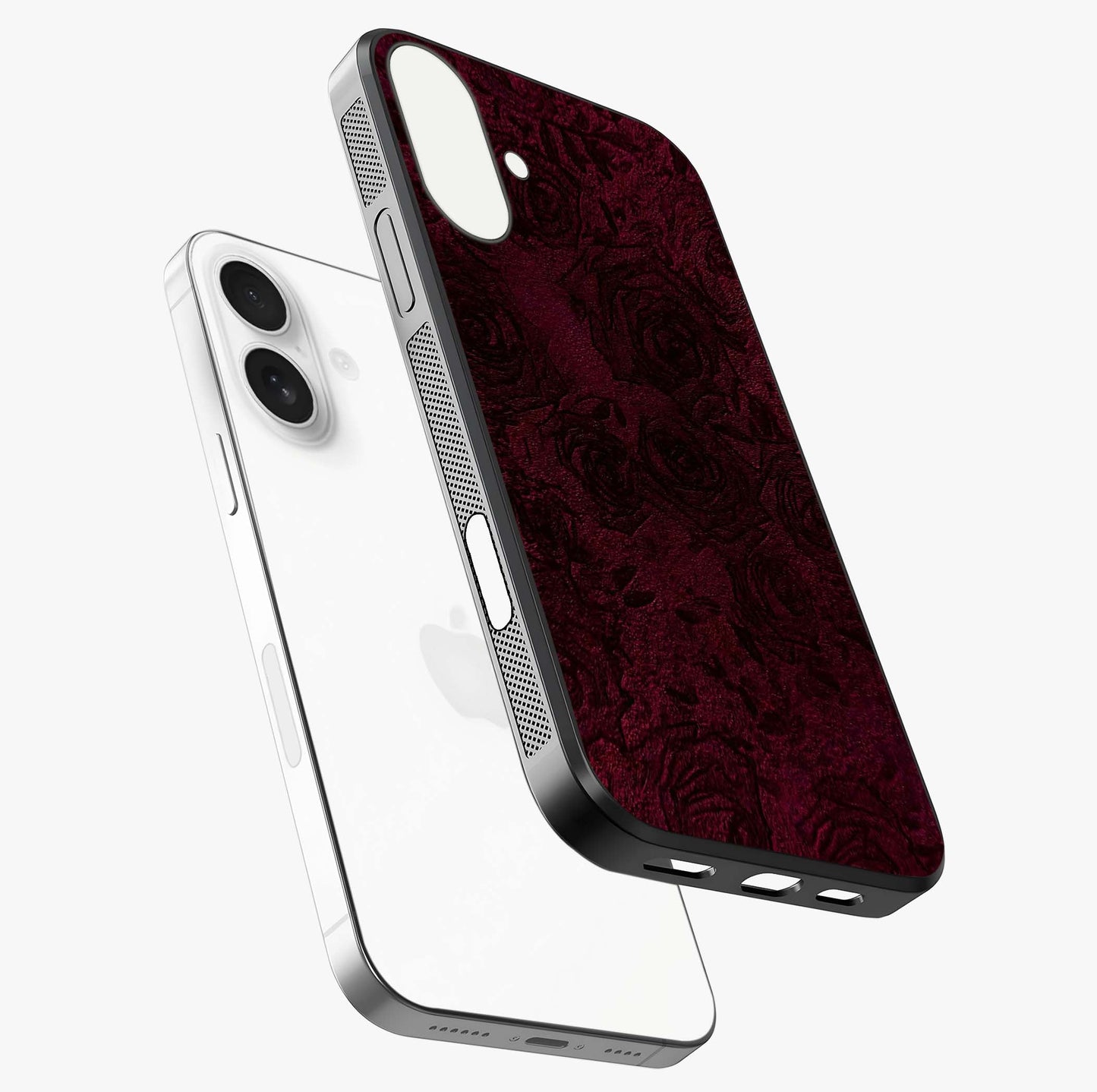 Crimson Fade Flow Glass Case laid diagonally highlighting side profile, edges and glossy glass shine.
