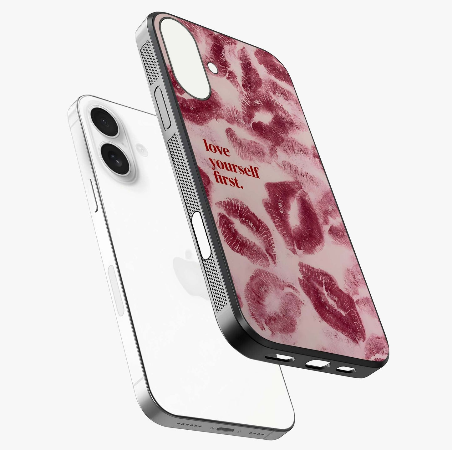Crimson Kiss Love Glass Case laid diagonally highlighting side profile, edges and glossy glass shine.