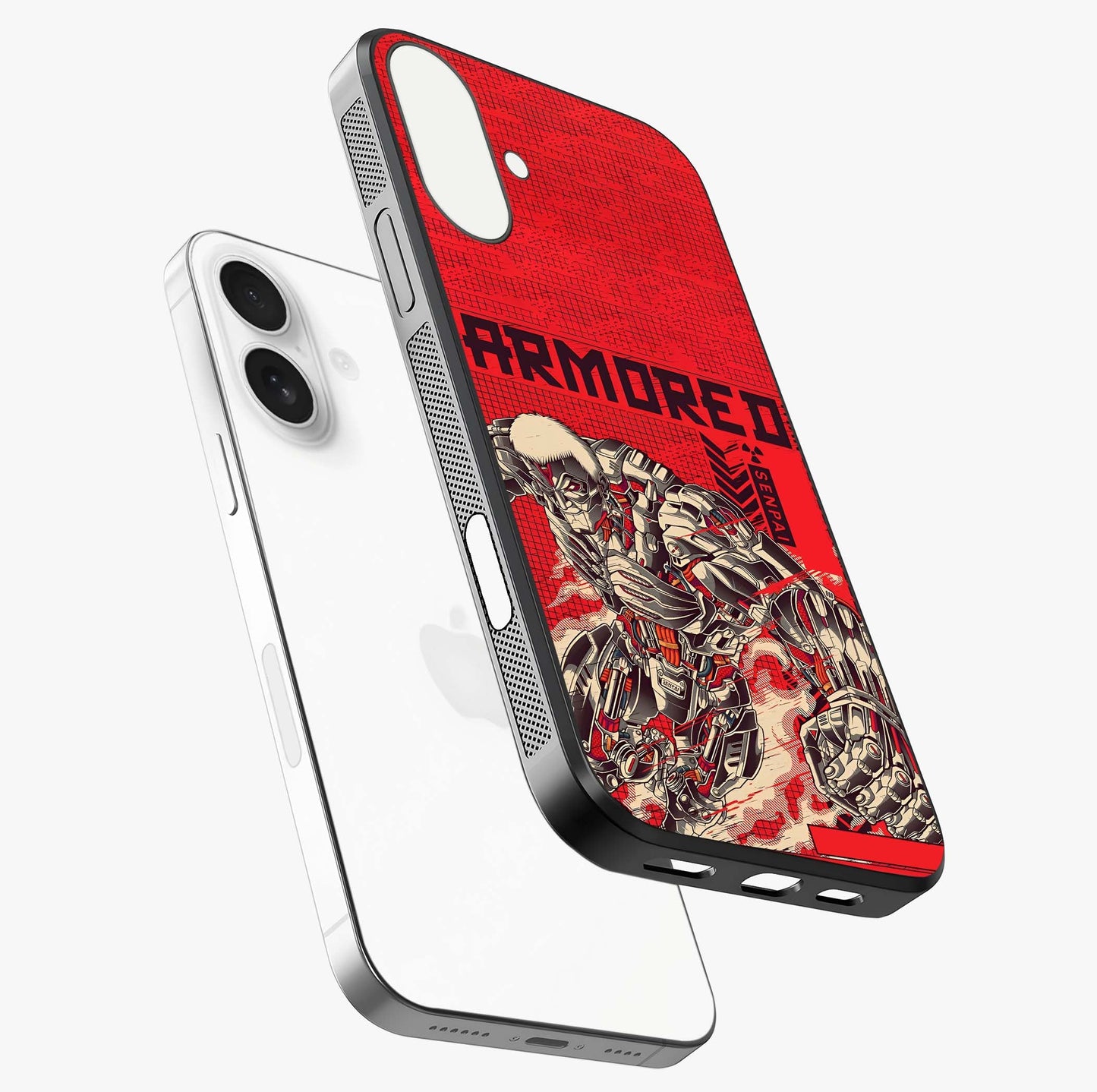 Crimson Mecha Titan Glass Case laid diagonally highlighting side profile, edges and glossy glass shine.
