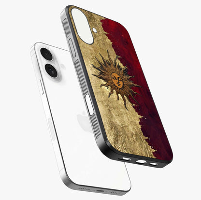 Crimson Sun Majesty Glass Case laid diagonally highlighting side profile, edges and glossy glass shine.