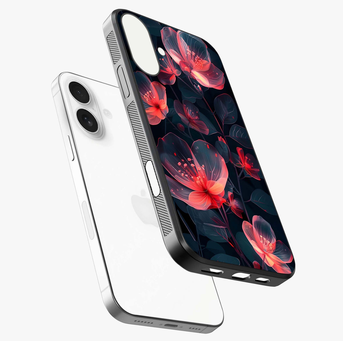 Dark Shade Of Flower Glass Case laid diagonally highlighting side profile, edges and glossy glass shine.