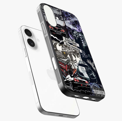 Die Young Glass Case laid diagonally highlighting side profile, edges and glossy glass shine.