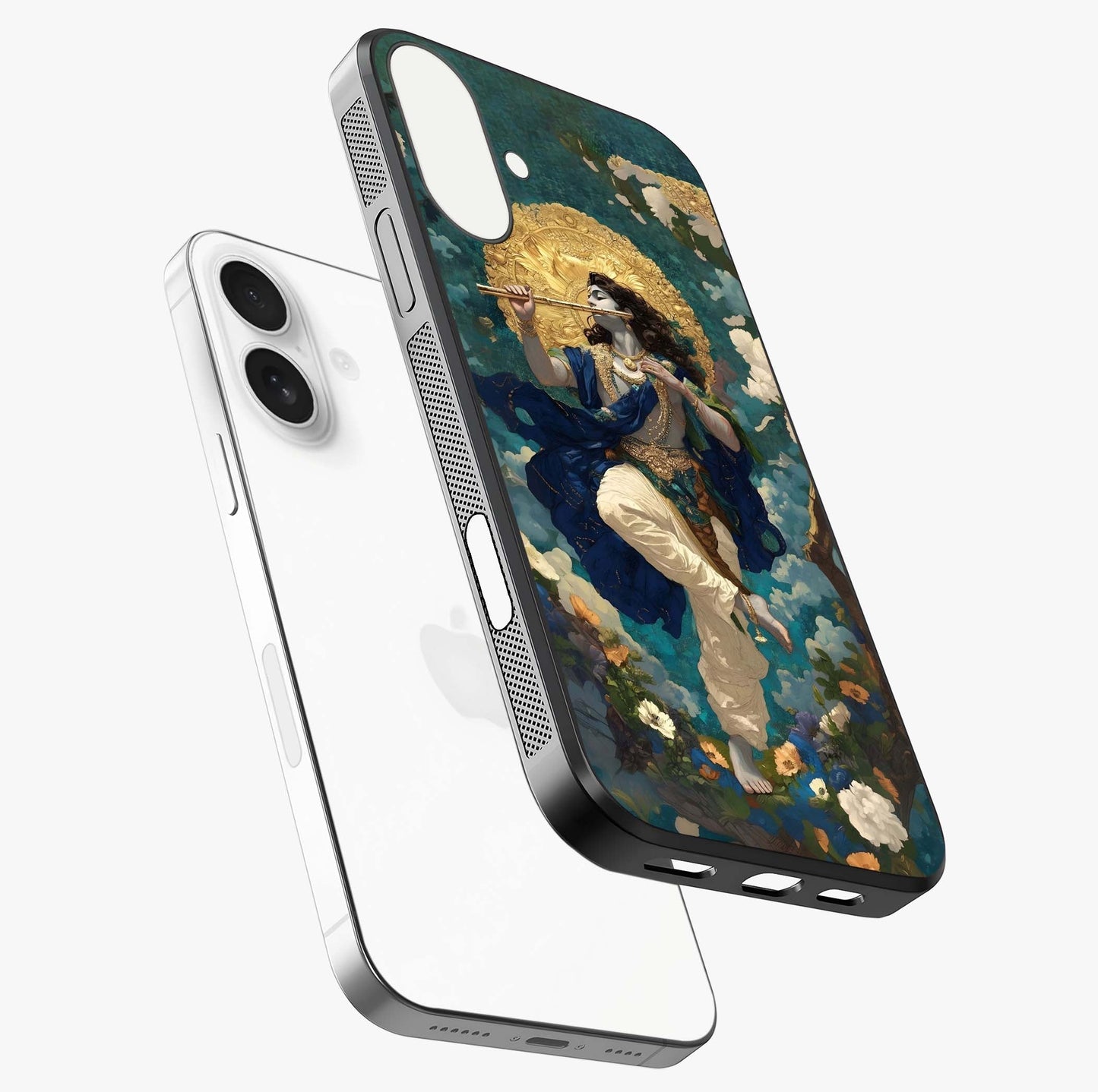 Divine Krishna Art Glass Case laid diagonally highlighting side profile, edges and glossy glass shine.