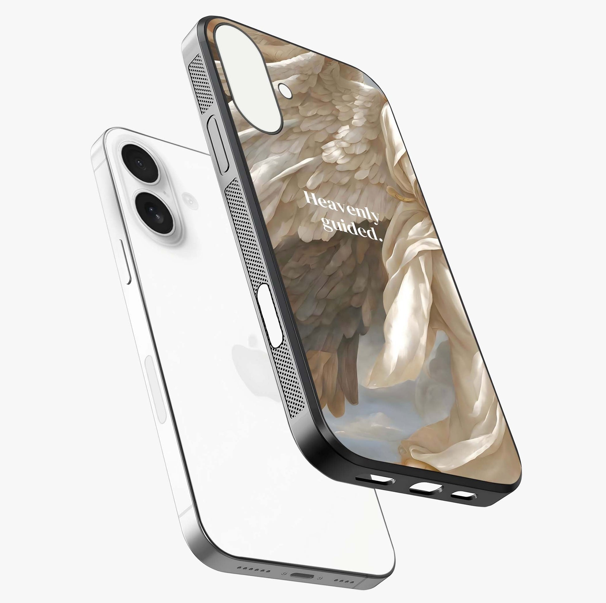 Divine Winged Grace Glass Case laid diagonally highlighting side profile, edges and glossy glass shine.