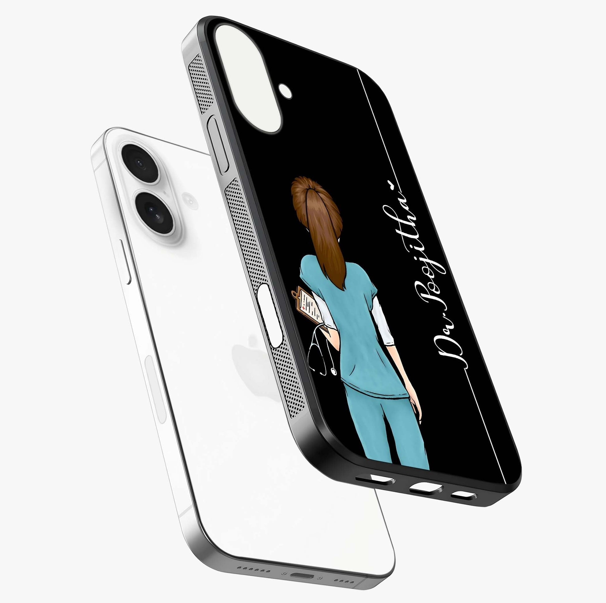 Doctor Pattern Custom Name Glass Case laid diagonally highlighting side profile, edges and glossy glass shine.