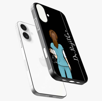 Doctor Pattern Custom Name Glass Case laid diagonally highlighting side profile, edges and glossy glass shine.