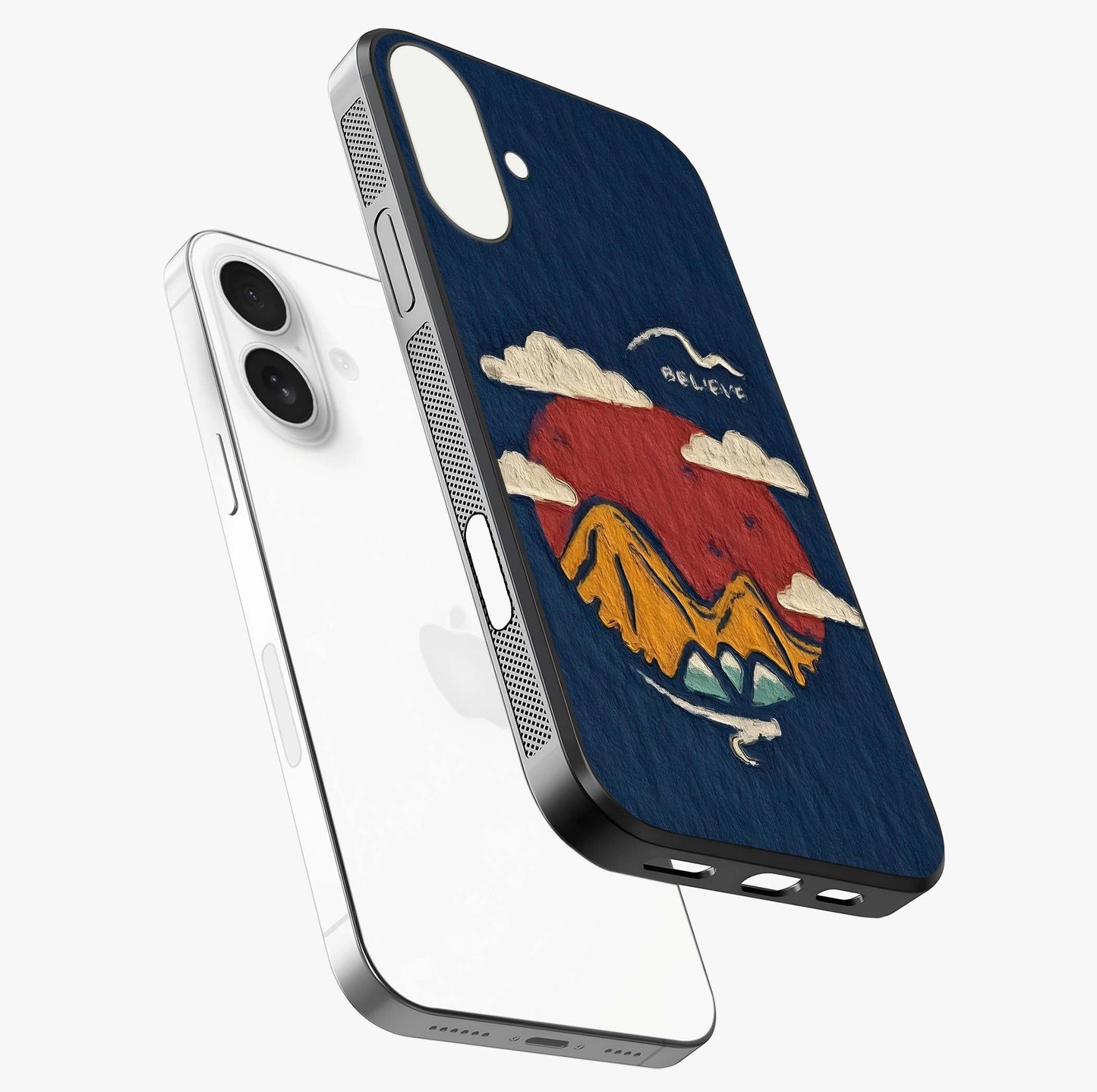 Dream Beyond Mountains Glass Case laid diagonally highlighting side profile, edges and glossy glass shine.