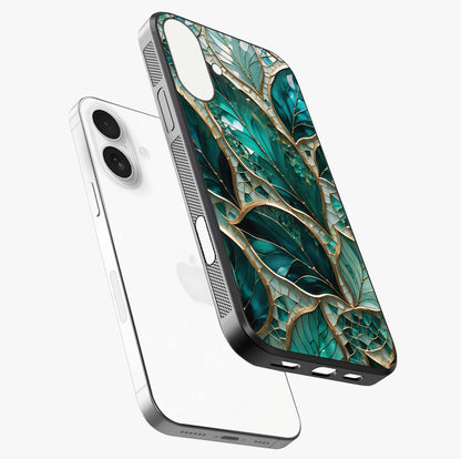 Emerald Leaf Glass Glass Case laid diagonally highlighting side profile, edges and glossy glass shine.