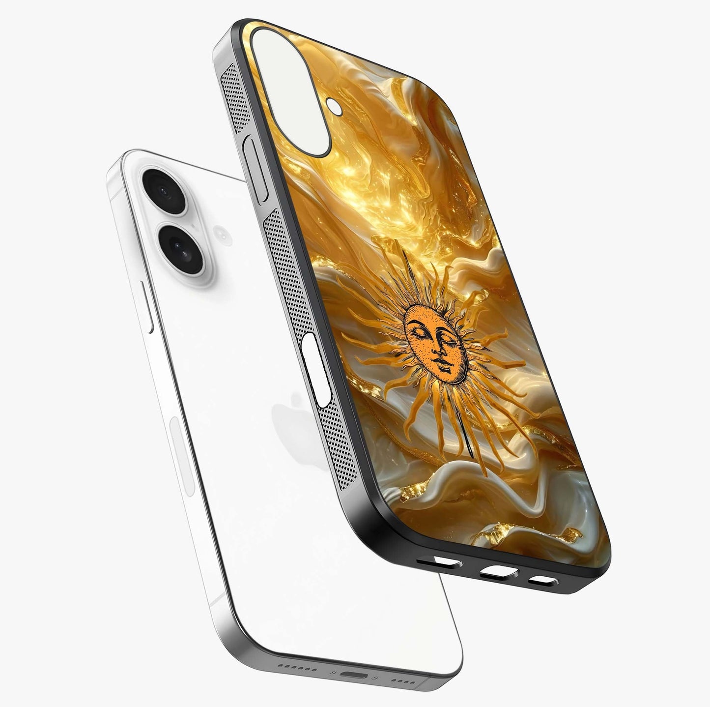 Eternal Golden Glow Glass Case laid diagonally highlighting side profile, edges and glossy glass shine.