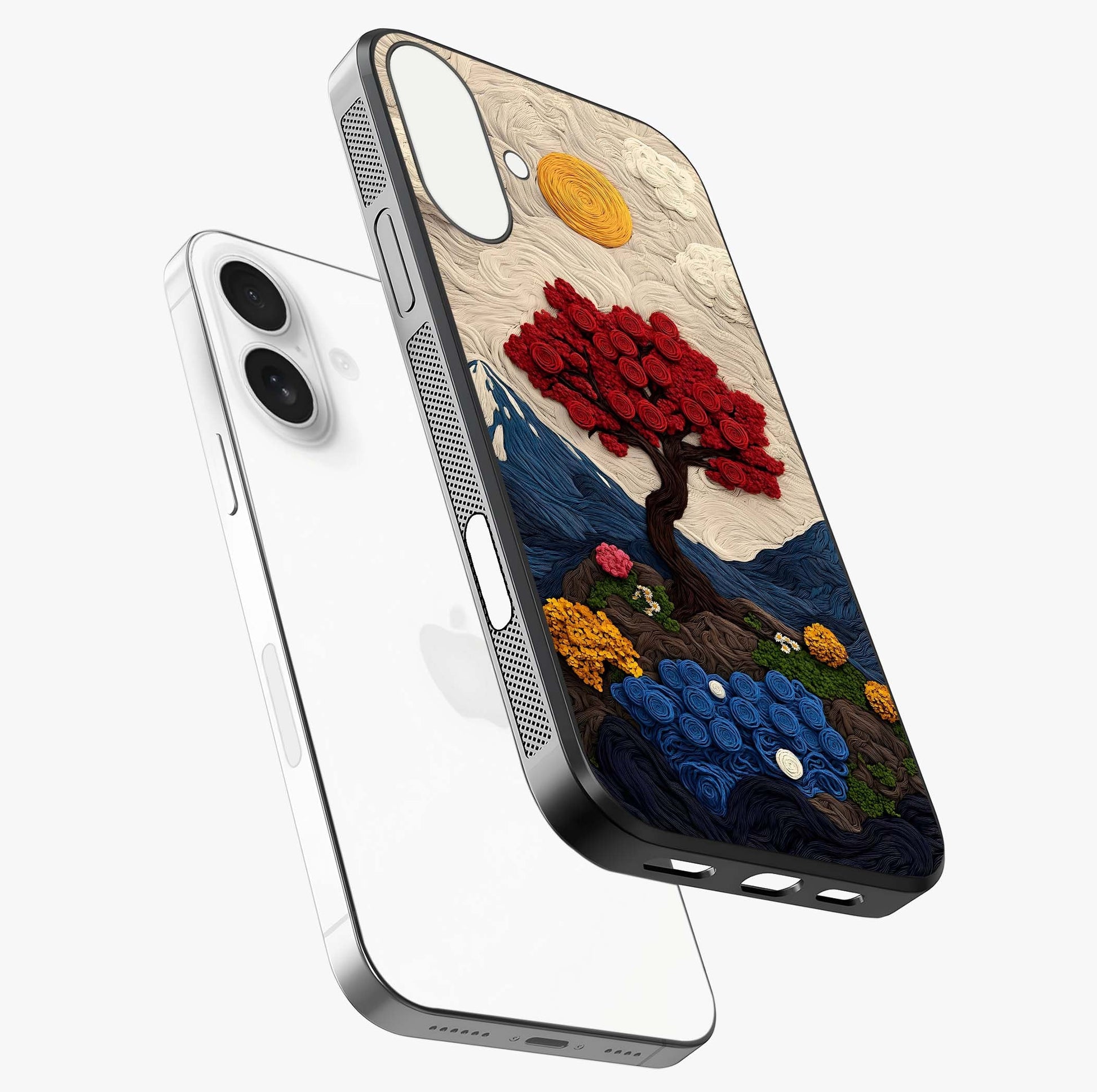 Eternal Nature Tapestry Glass Case laid diagonally highlighting side profile, edges and glossy glass shine.