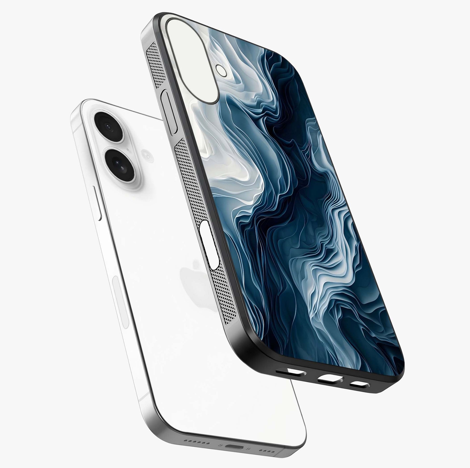 Ethereal Paper Marble Glass Case laid diagonally highlighting side profile, edges and glossy glass shine.