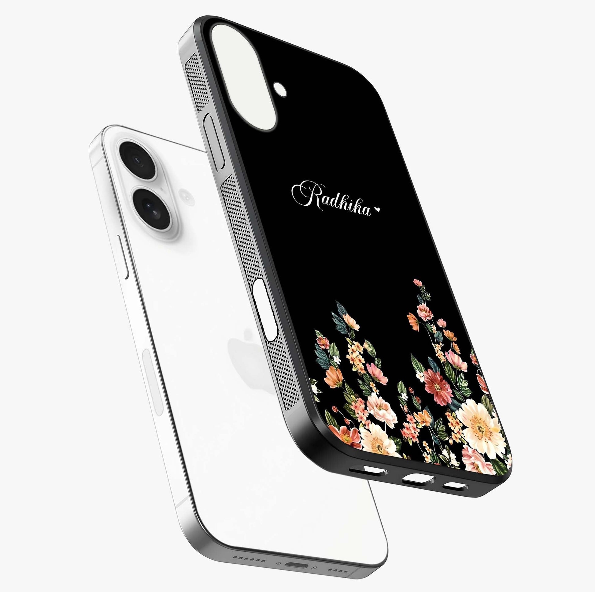 Floral Design With A Custom Personalized Name Glass Case laid diagonally highlighting side profile, edges and glossy glass shine.