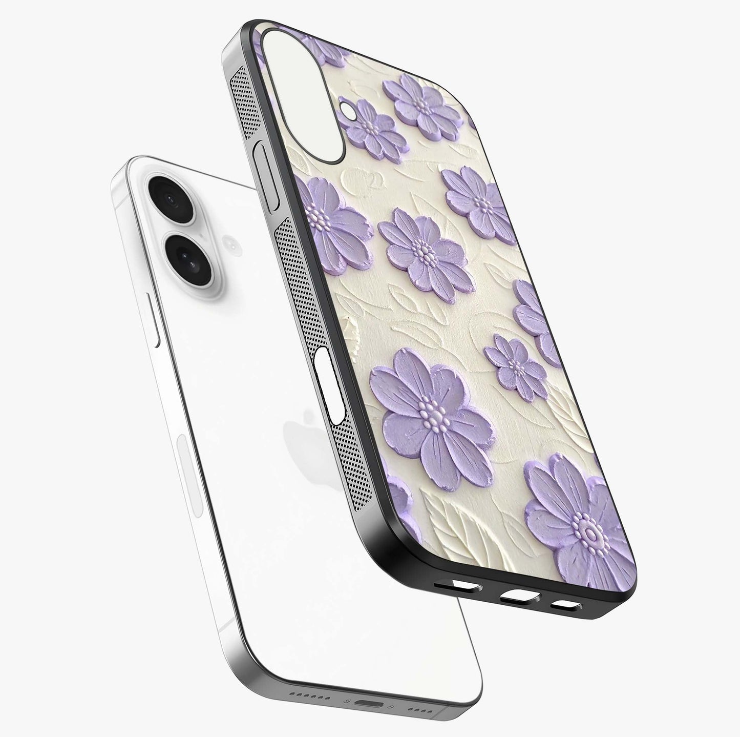 Floral Wall Art With Purple Flowers Glass Case laid diagonally highlighting side profile, edges and glossy glass shine.