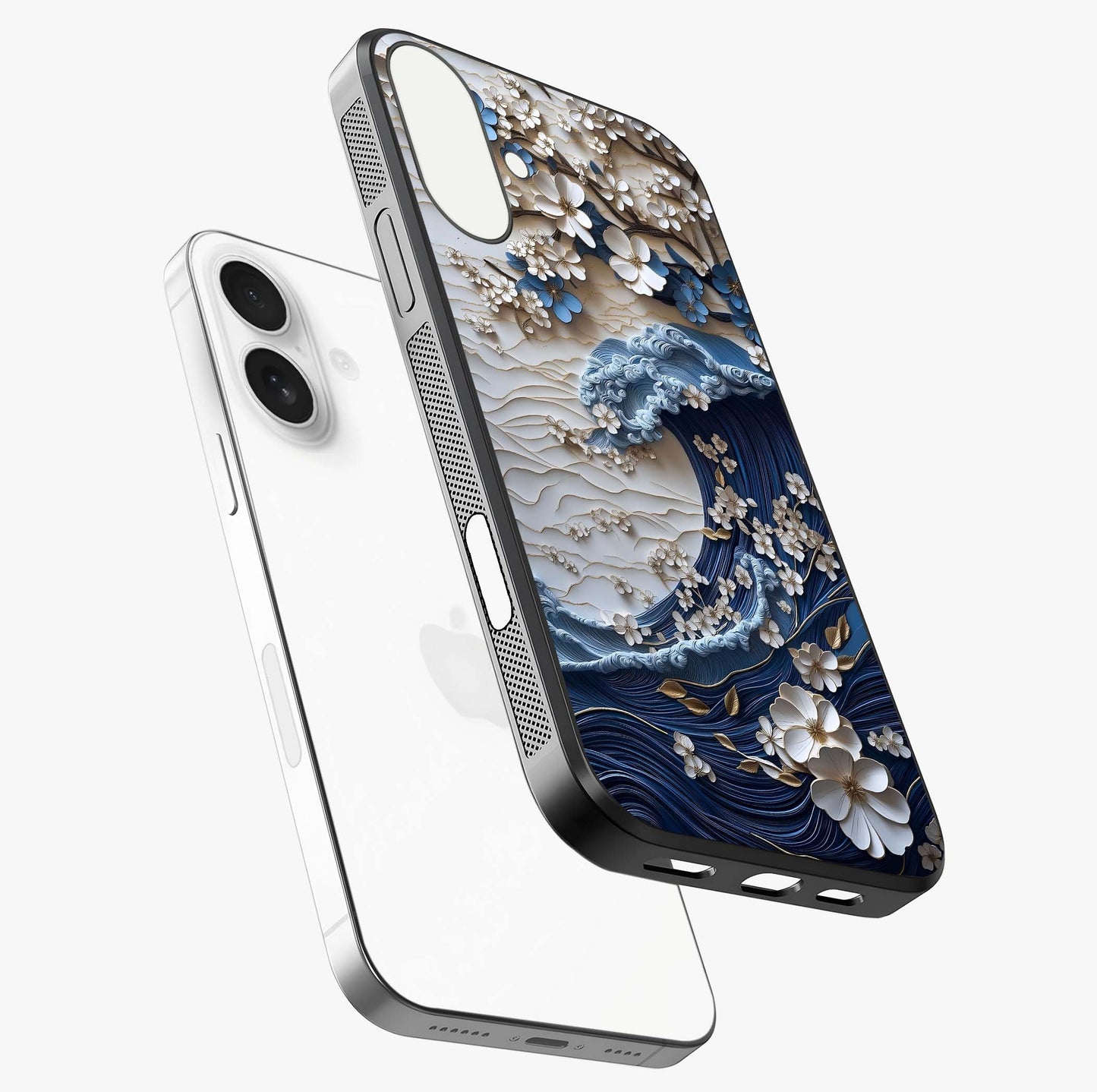 Floral Wave Origami Glass Case laid diagonally highlighting side profile, edges and glossy glass shine.