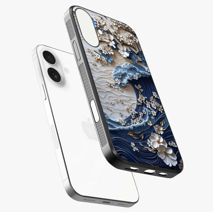 Floral Wave Origami Glass Case laid diagonally highlighting side profile, edges and glossy glass shine.