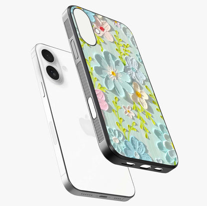 Frosted Petal Garden Glass Case laid diagonally highlighting side profile, edges and glossy glass shine.