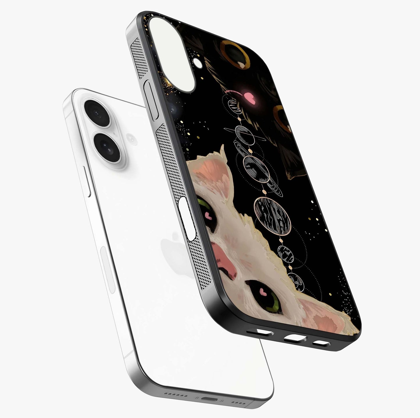 Galactic Cat Glass Case laid diagonally highlighting side profile, edges and glossy glass shine.