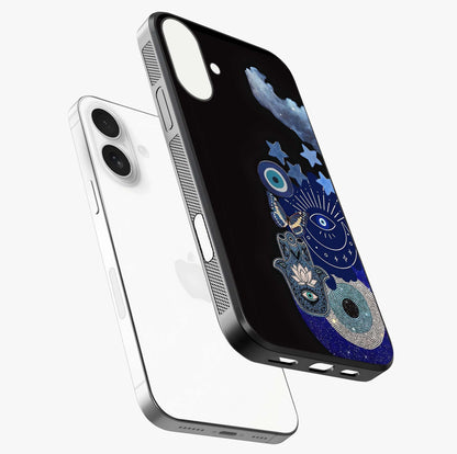 Galactic Charm Cluster Glass Case laid diagonally highlighting side profile, edges and glossy glass shine.