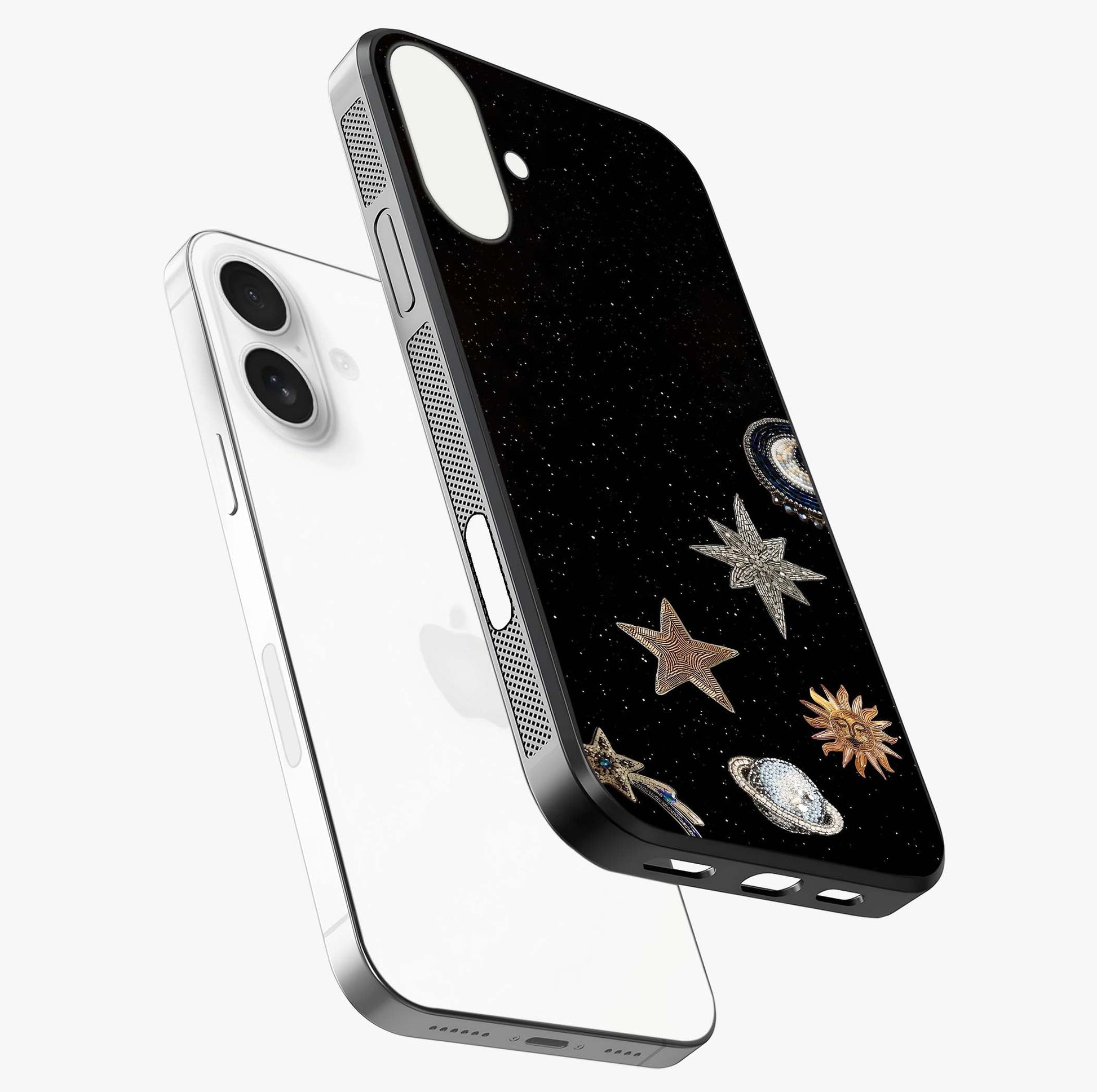 Galactic Charm Glow Glass Case laid diagonally highlighting side profile, edges and glossy glass shine.