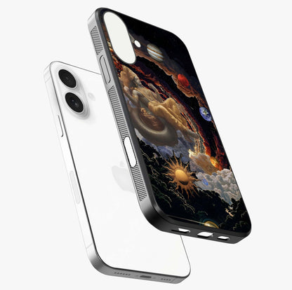 Galactic Divine God Glass Case laid diagonally highlighting side profile, edges and glossy glass shine.