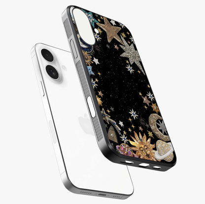 Galactic Jewel Stars Glass Case laid diagonally highlighting side profile, edges and glossy glass shine.
