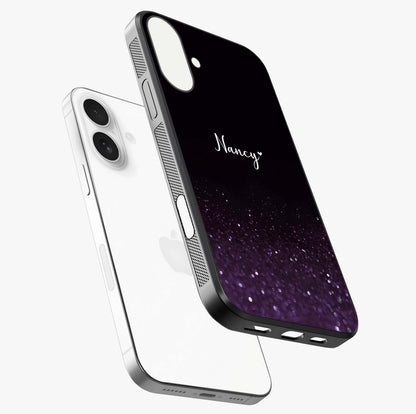 Glittery Purple Bokeh Custom Name Glass Case laid diagonally highlighting side profile, edges and glossy glass shine.