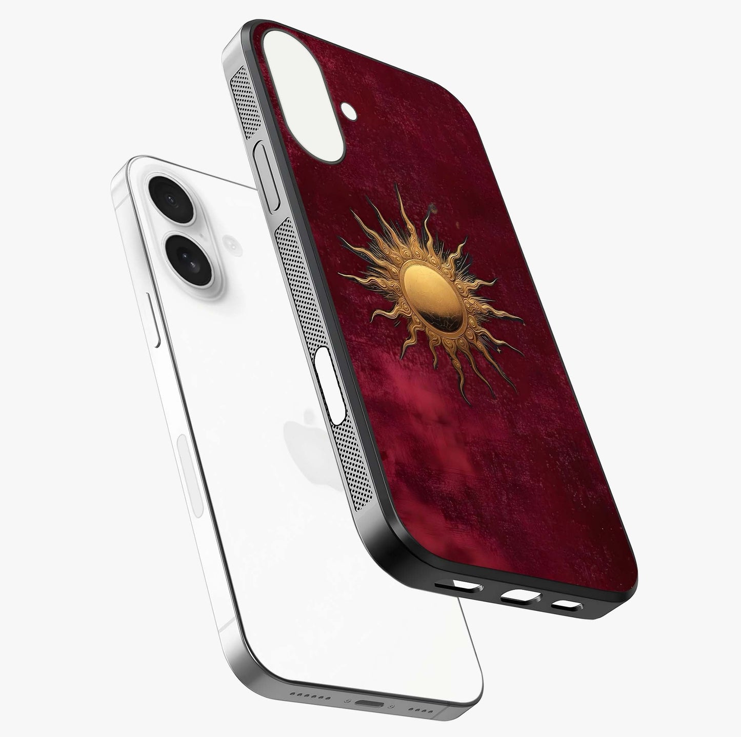Golden Sun Minimalism Glass Case laid diagonally highlighting side profile, edges and glossy glass shine.