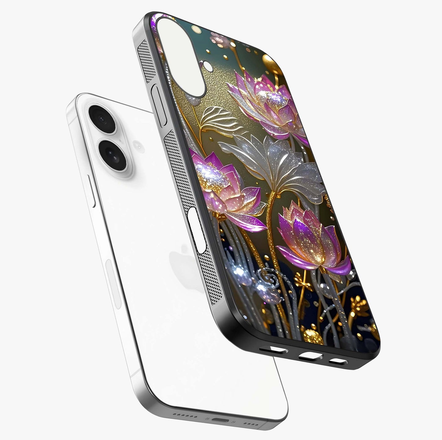 Golden Floral Majesty Glass Case laid diagonally highlighting side profile, edges and glossy glass shine.