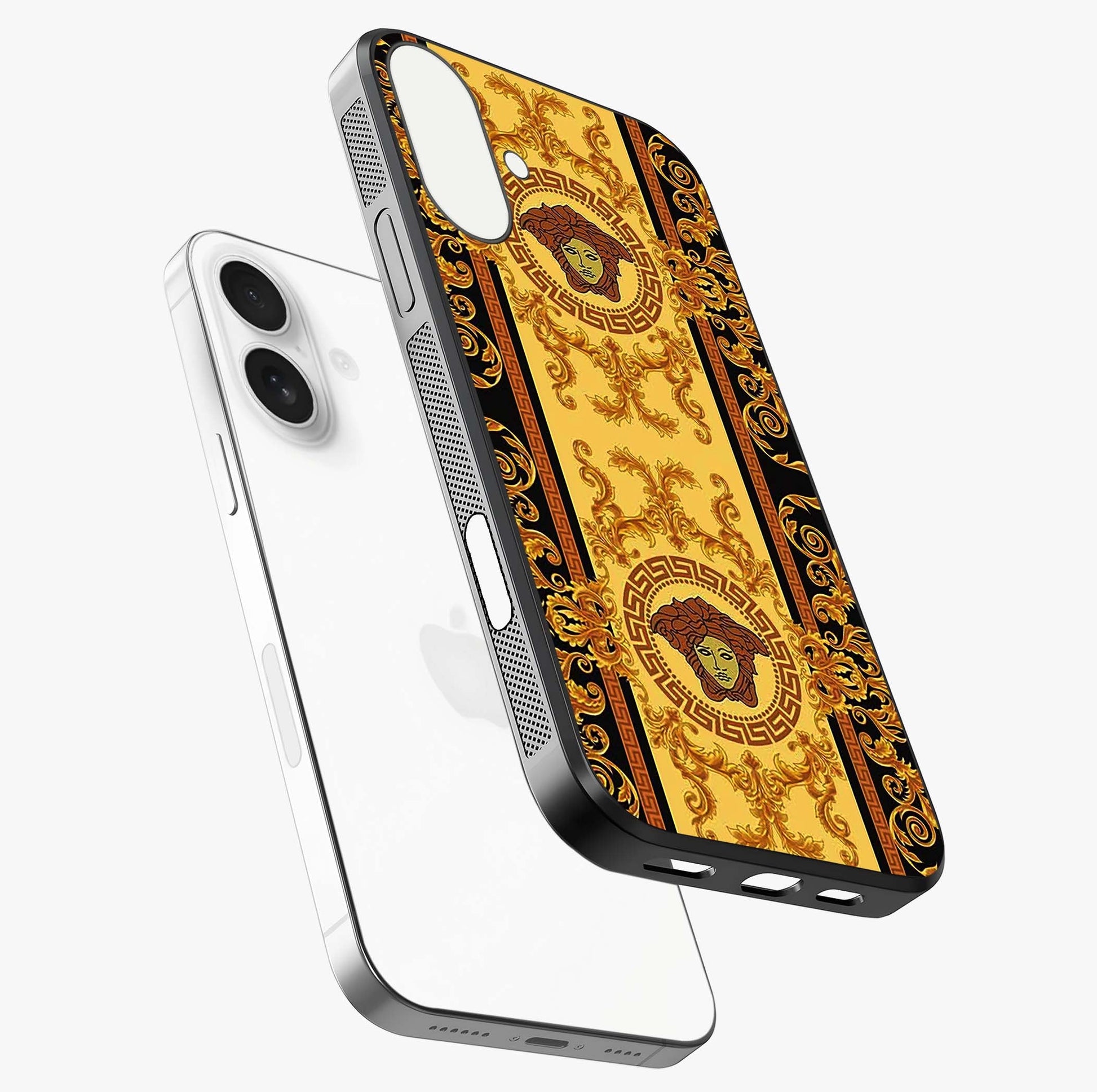 Golden Lotus Glow Glass Case laid diagonally highlighting side profile, edges and glossy glass shine.