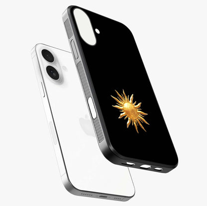Golden Sun Majesty Glass Case laid diagonally highlighting side profile, edges and glossy glass shine.